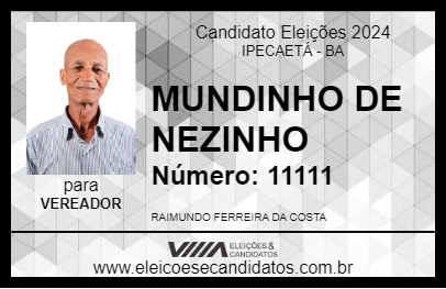 Candidato MUNDINHO DE NEZINHO 2024 - IPECAETÁ - Eleições