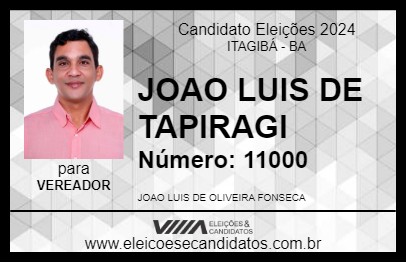 Candidato JOAO LUIS DE TAPIRAGI 2024 - ITAGIBÁ - Eleições