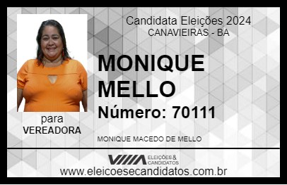 Candidato MONIQUE MELLO 2024 - CANAVIEIRAS - Eleições