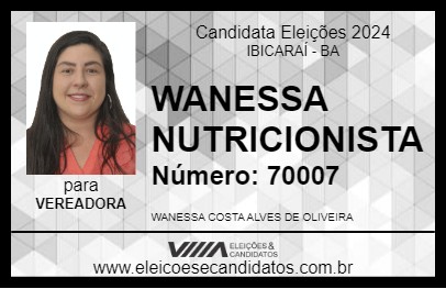 Candidato WANESSA NUTRICIONISTA 2024 - IBICARAÍ - Eleições