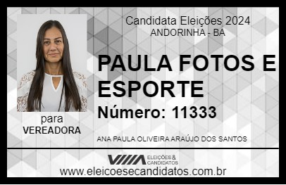 Candidato PAULA FOTOS E ESPORTE 2024 - ANDORINHA - Eleições