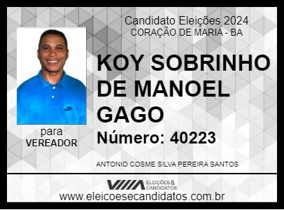 Candidato KOY SOBRINHO DE MANOEL GAGO 2024 - CORAÇÃO DE MARIA - Eleições