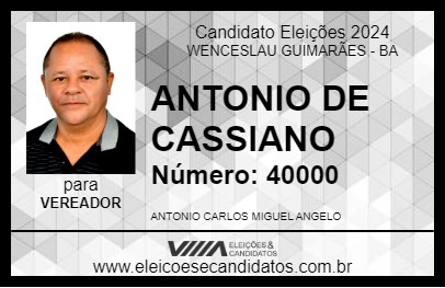 Candidato ANTONIO DE CASSIANO 2024 - WENCESLAU GUIMARÃES - Eleições