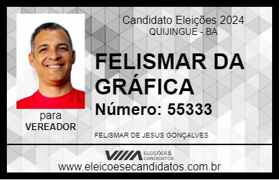 Candidato FELISMAR DA GRÁFICA 2024 - QUIJINGUE - Eleições