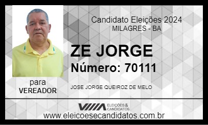 Candidato ZE JORGE  2024 - MILAGRES - Eleições