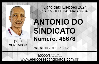 Candidato ANTONIO DO SINDICATO 2024 - SÃO MIGUEL DAS MATAS - Eleições