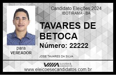 Candidato TAVARES DE BETOCA 2024 - IBOTIRAMA - Eleições