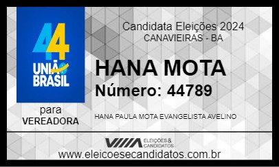 Candidato HANA MOTA 2024 - CANAVIEIRAS - Eleições