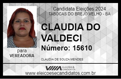 Candidato CLAUDIA DO VALDECI 2024 - TABOCAS DO BREJO VELHO - Eleições