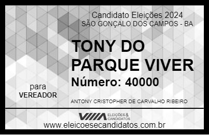 Candidato TONY  DO PARQUE VIVER 2024 - SÃO GONÇALO DOS CAMPOS - Eleições