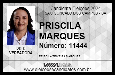 Candidato PRISCILA MARQUES 2024 - SÃO GONÇALO DOS CAMPOS - Eleições