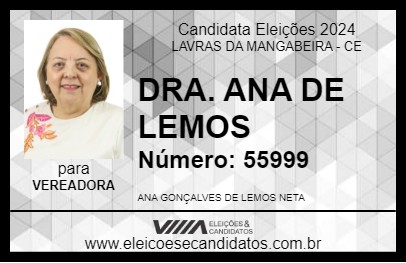 Candidato DRA. ANA DE LEMOS 2024 - LAVRAS DA MANGABEIRA - Eleições