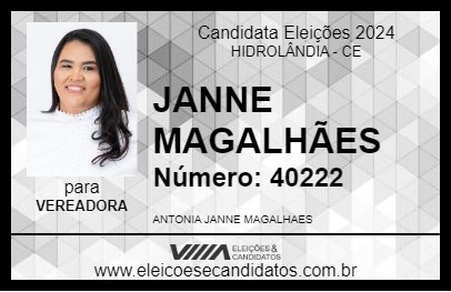 Candidato JANNE MAGALHÃES 2024 - HIDROLÂNDIA - Eleições