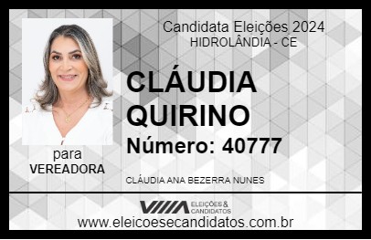 Candidato CLÁUDIA QUIRINO 2024 - HIDROLÂNDIA - Eleições