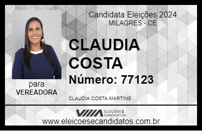 Candidato CLAUDIA COSTA 2024 - MILAGRES - Eleições