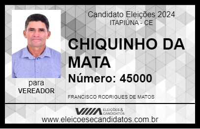 Candidato CHIQUINHO DA MATA 2024 - ITAPIÚNA - Eleições