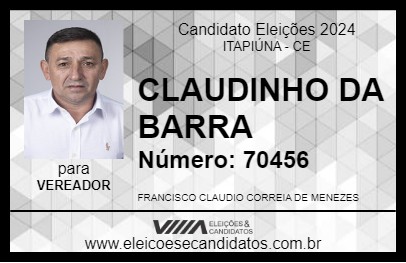 Candidato CLAUDINHO DA BARRA 2024 - ITAPIÚNA - Eleições