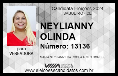 Candidato NEYLIANNY OLINDA 2024 - SABOEIRO - Eleições