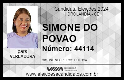 Candidato SIMONE DO POVAO 2024 - HIDROLÂNDIA - Eleições