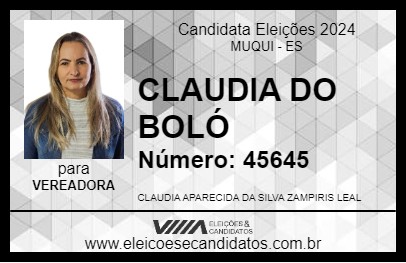 Candidato CLAUDIA DO BOLÓ 2024 - MUQUI - Eleições