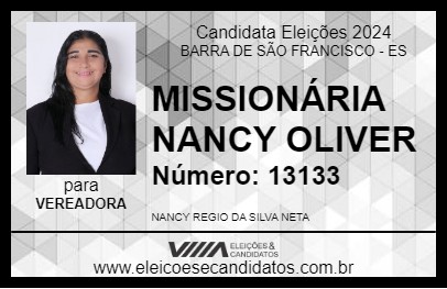 Candidato MISSIONÁRIA NANCY OLIVER 2024 - BARRA DE SÃO FRANCISCO - Eleições