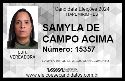 Candidato SAMYLA DE CAMPO ACIMA 2024 - ITAPEMIRIM - Eleições