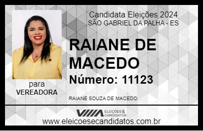 Candidato RAIANE DE MACEDO 2024 - SÃO GABRIEL DA PALHA - Eleições