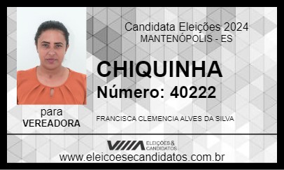 Candidato CHIQUINHA 2024 - MANTENÓPOLIS - Eleições