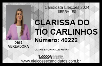 Candidato CLARISSA DO TIO CARLINHOS 2024 - SERRA - Eleições