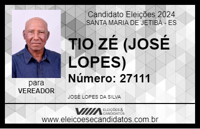 Candidato TIO ZÉ (JOSÉ LOPES) 2024 - SANTA MARIA DE JETIBÁ - Eleições