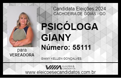 Candidato PSICÓLOGA GIANY 2024 - CACHOEIRA DE GOIÁS - Eleições