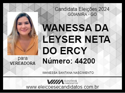 Candidato WANESSA DA LEYSER NETA DO ERCY 2024 - GOIANIRA - Eleições