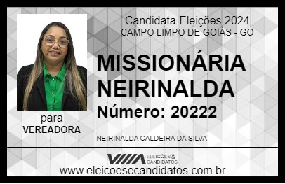 Candidato MISSIONÁRIA NEIRINALDA 2024 - CAMPO LIMPO DE GOIÁS - Eleições