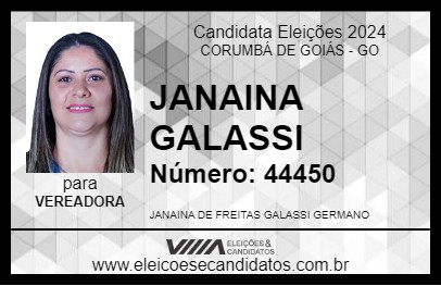 Candidato JANAINA GALASSI 2024 - CORUMBÁ DE GOIÁS - Eleições