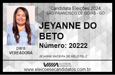 Candidato JEYANNE DO BETO DO BANCO 2024 - SÃO FRANCISCO DE GOIÁS - Eleições