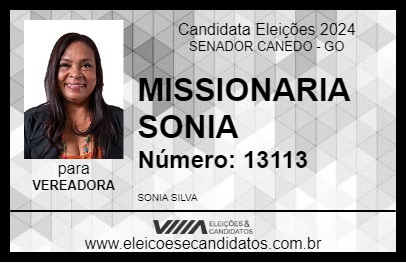 Candidato MISSIONARIA SONIA 2024 - SENADOR CANEDO - Eleições