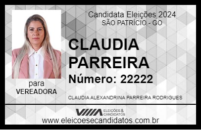 Candidato CLAUDIA PARREIRA 2024 - SÃO PATRÍCIO - Eleições