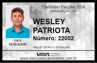 Candidato WESLEY PATRIOTA 2024 - ARAGARÇAS - Eleições