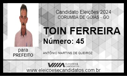 Candidato TOIN FERREIRA 2024 - CORUMBÁ DE GOIÁS - Eleições