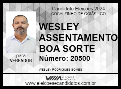 Candidato WESLEY ASSENTAMENTO BOA SORTE 2024 - COCALZINHO DE GOIÁS - Eleições