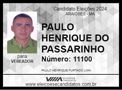 Candidato PAULO HENRIQUE DO PASSARINHO 2024 - ARAIOSES - Eleições