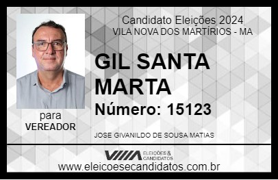 Candidato GIL SANTA MARTA 2024 - VILA NOVA DOS MARTÍRIOS - Eleições