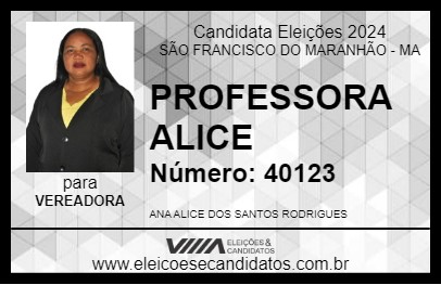 Candidato PROFESSORA ALICE 2024 - SÃO FRANCISCO DO MARANHÃO - Eleições