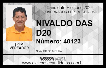 Candidato NIVALDO DAS D20 2024 - GOVERNADOR LUIZ ROCHA - Eleições