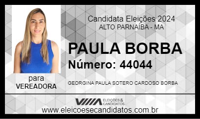 Candidato PAULA BORBA 2024 - ALTO PARNAÍBA - Eleições