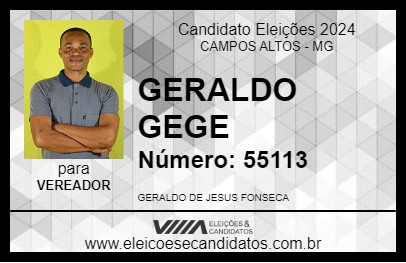 Candidato GERALDO GEGE 2024 - CAMPOS ALTOS - Eleições