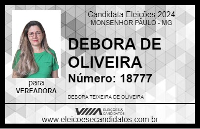 Candidato DEBORA DE OLIVEIRA 2024 - MONSENHOR PAULO - Eleições