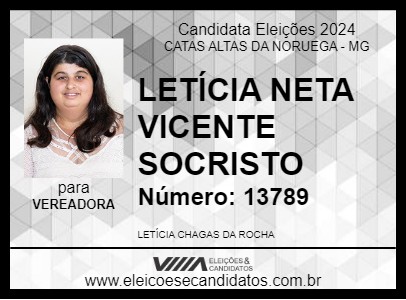 Candidato LETÍCIA NETA VICENTE SOCRISTO 2024 - CATAS ALTAS DA NORUEGA - Eleições