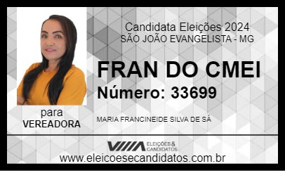 Candidato FRAN DO CMEI 2024 - SÃO JOÃO EVANGELISTA - Eleições