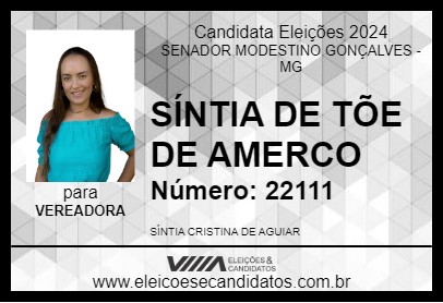 Candidato SÍNTIA DE TÕE DE AMERCO 2024 - SENADOR MODESTINO GONÇALVES - Eleições